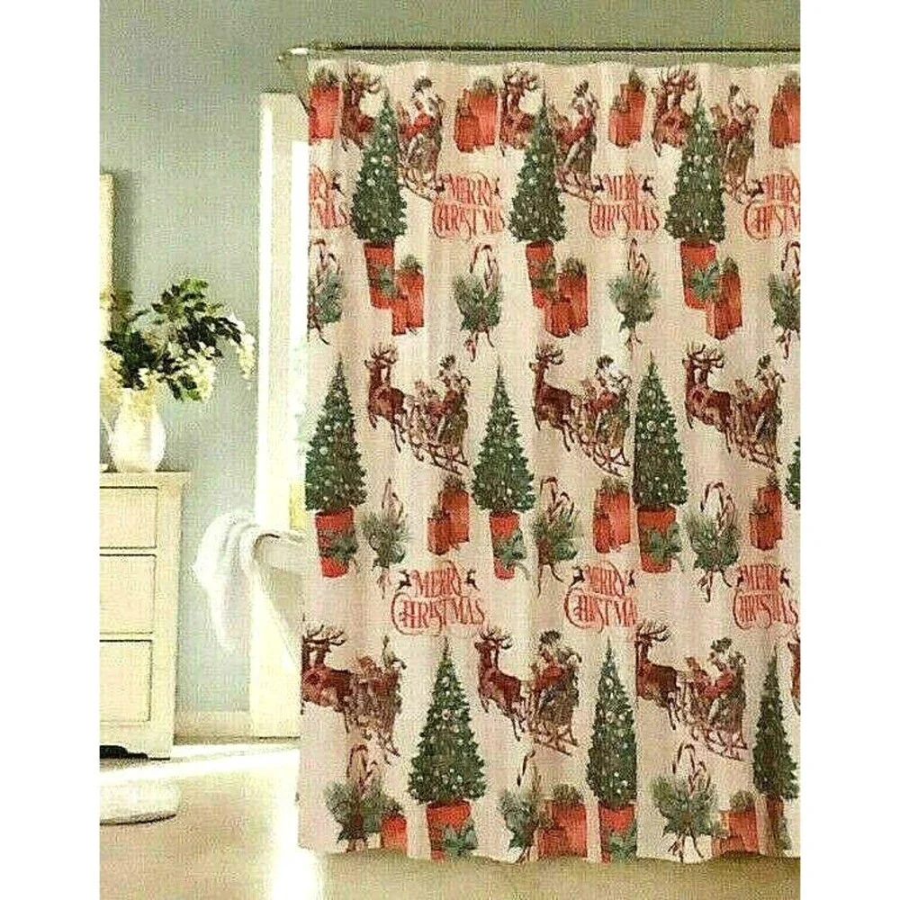 Merry Christmas Fabric Shower Curtain with Hooks 72x70 Santa Reindeer Holiday